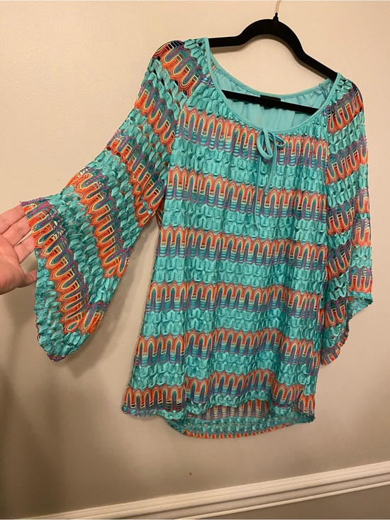Tacera Tops - Tacera Turquoise Multicolor Smocked Peasant Top